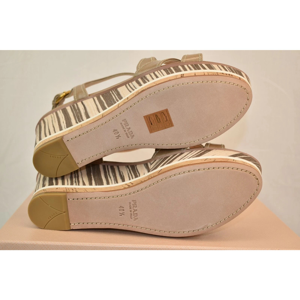 NIB PRADA 1XZ219 BEIGE BROWN WOODEN LEATHER WEDGE PLATFORM SANDALS 40.5 ITALY - Picture 7 of 8